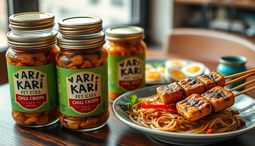 Stacked Kari Kari Chili Crisps jars beside colorful noodle dish and skewers