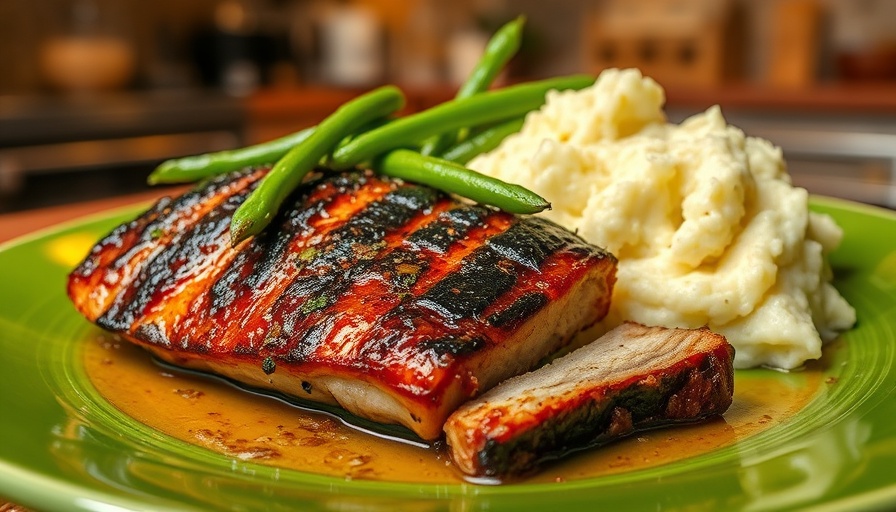 Marinated Korean style pork belly with sides on green plate.