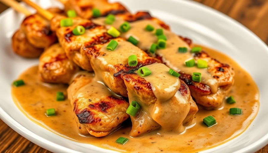 Grilled chicken satay with creamy peanut date sauce on a plate.