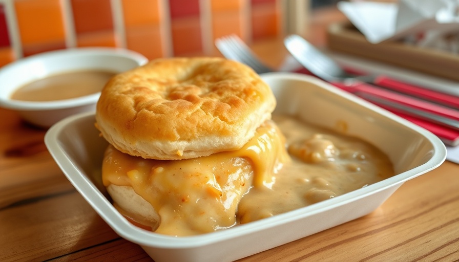 Sunnyboy Biscuit Company cheesy biscuit with gravy and eggs.