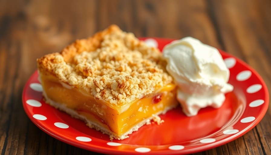 Delicious peach pie bars with ice cream on red plate.