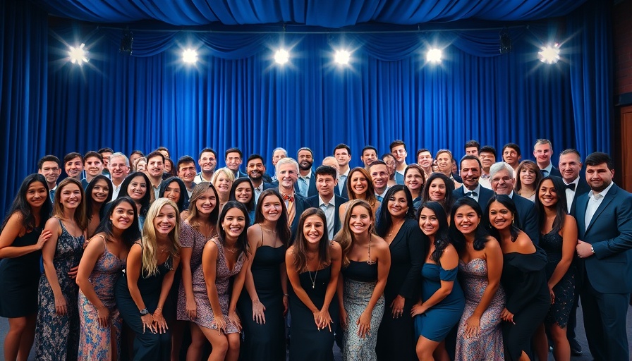 2025 Triton Awards UC San Diego group photo on stage with blue curtains.