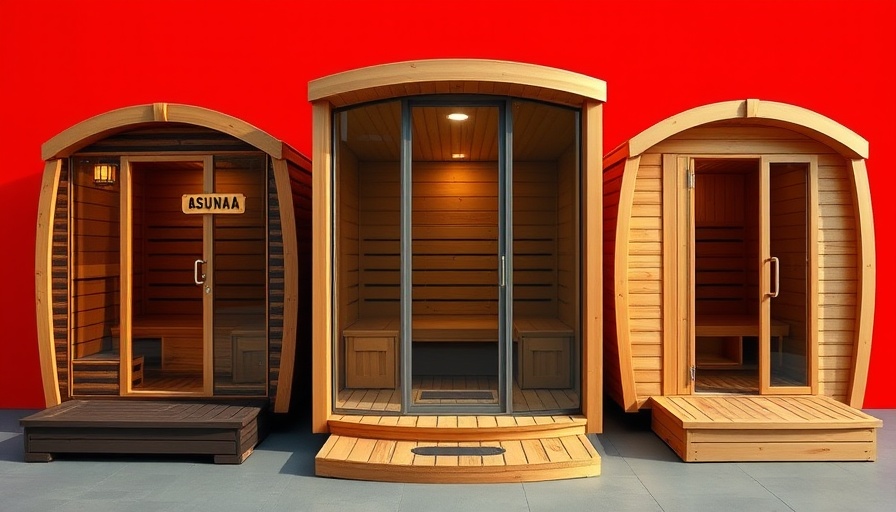 Modern designs of best outdoor saunas 2025 against a red backdrop.