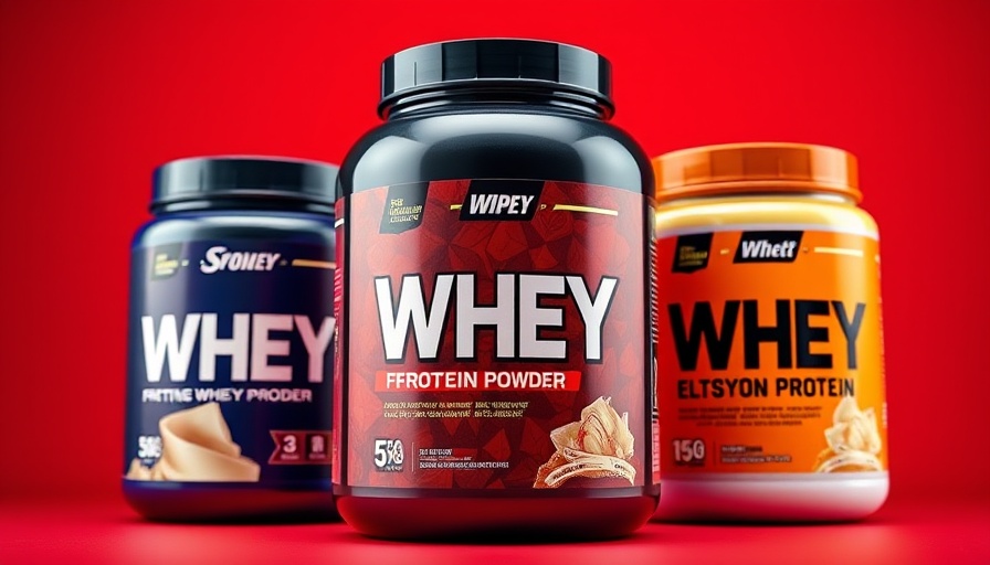 Top whey protein powders 2025 packaging on red background.