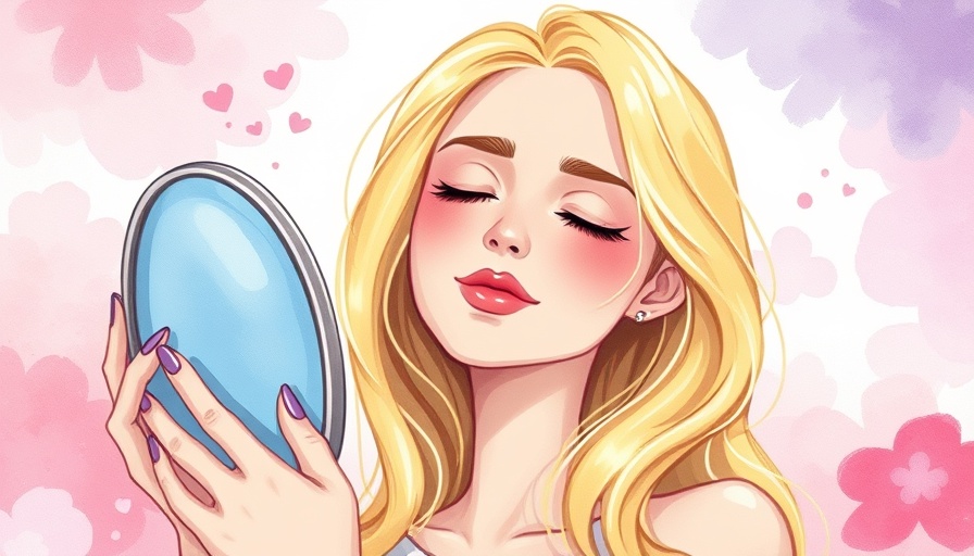 Blonde woman building self-trust by holding mirror, colorful watercolor.