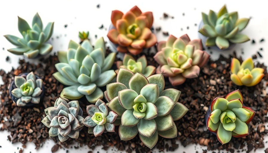Succulent propagation stages with leaves and soil on a white background.