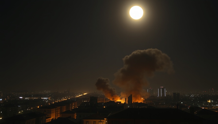 Nighttime city scene with smoke, illustrating missile attack impacts.