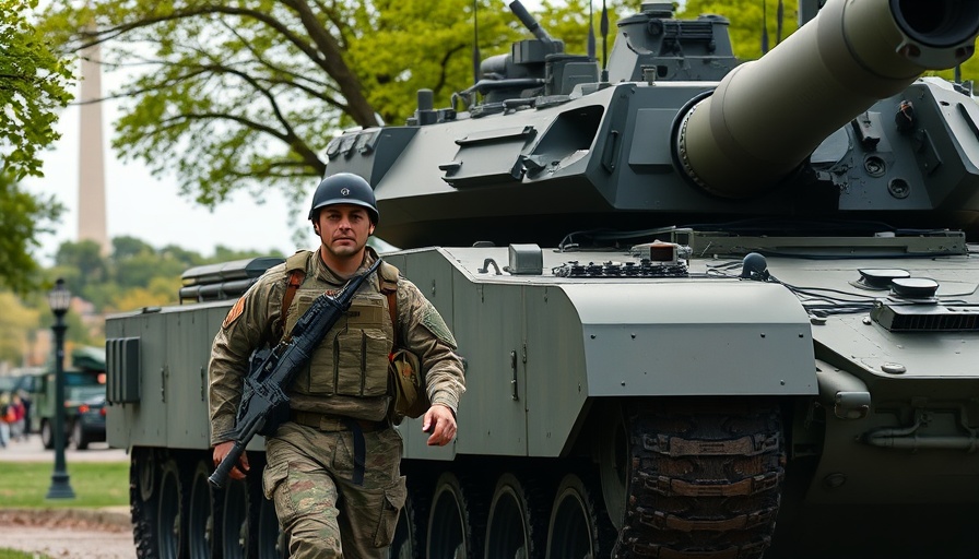 Military parade costs illustrated by soldier walking beside tank.