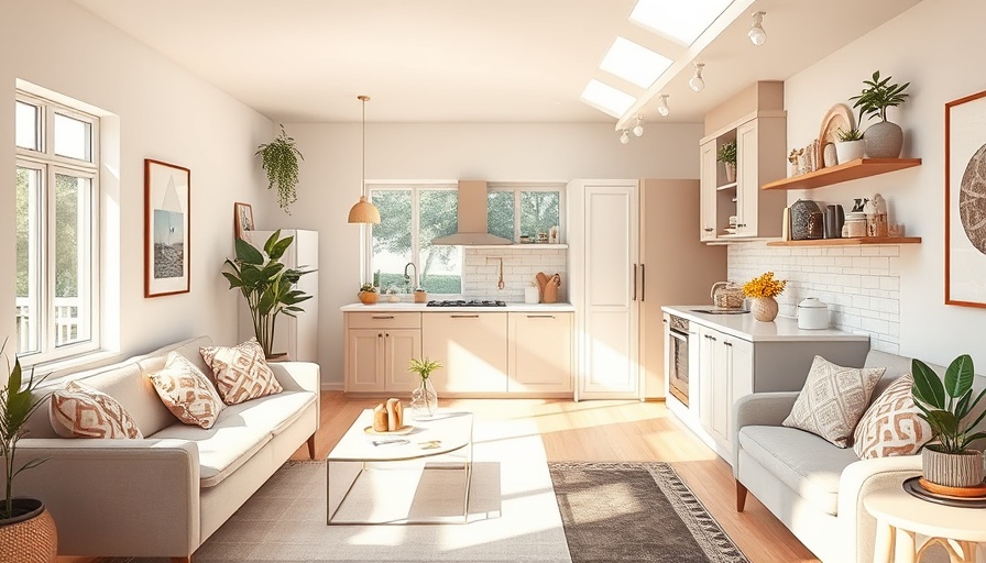Bright small kitchen and living area design with pastel decor.