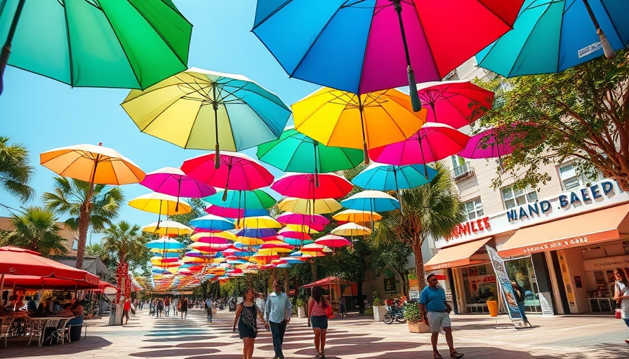 Weekend Getaway to Ocean Springs, colorful umbrellas over plaza
