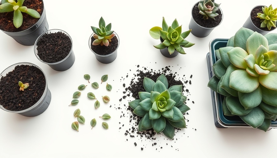 Various succulent propagation stages with soil and leaves on a white background