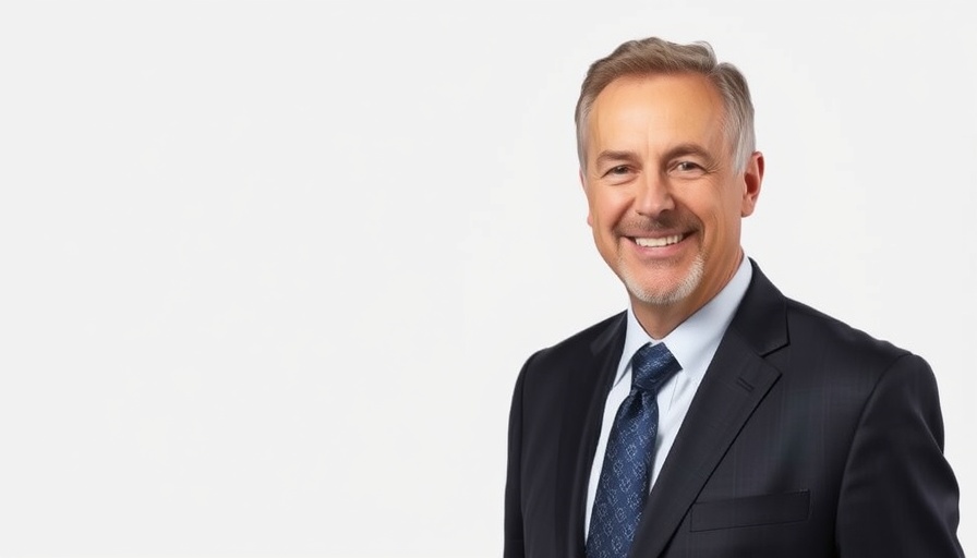 Middle-aged man smiling in a dark suit, plain background, discuss moral implications.