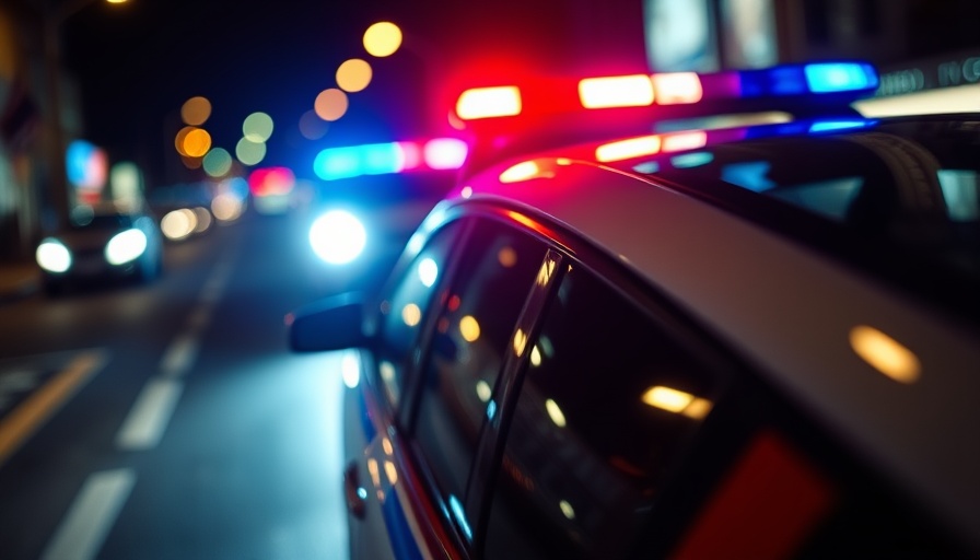 San Bernardino stabbing arrest news: Police car with flashing lights at night.