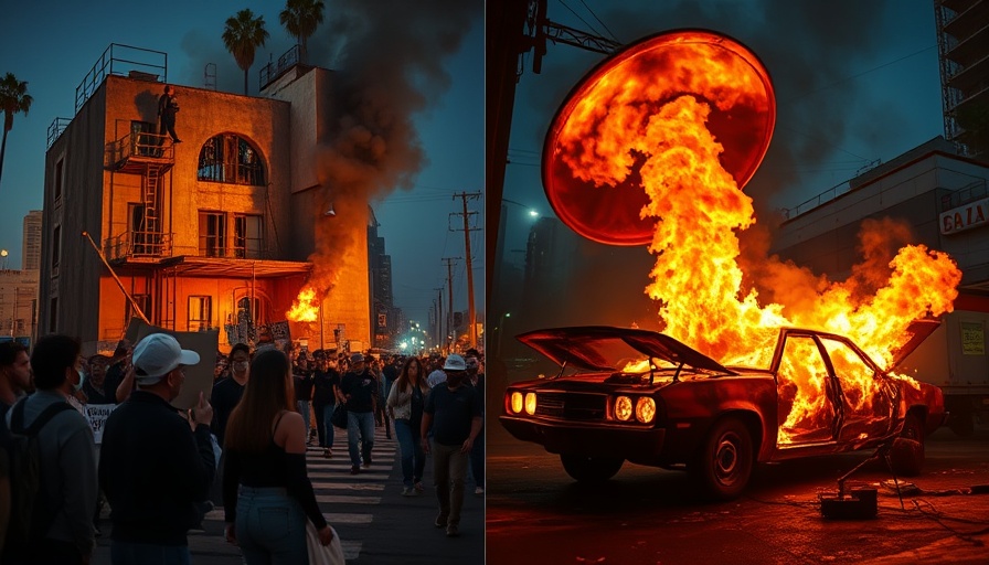 Los Angeles protests day vs night scenes: repair work and car fire.