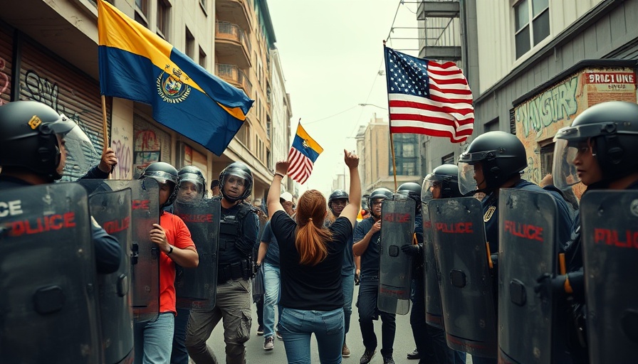 Flags of El Salvador and US symbolize defiance in police protest.