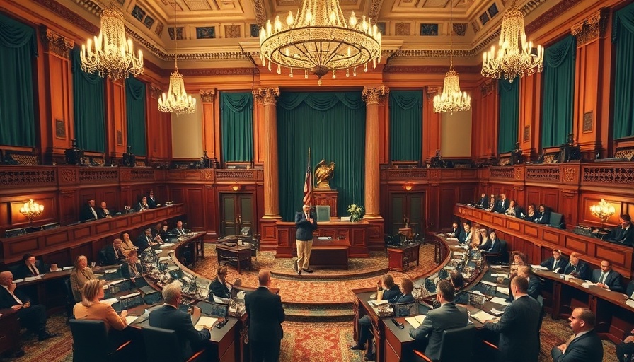 California legislators discuss $325 billion budget in ornate chamber.