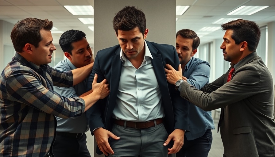 Tense office scene of men restraining another man against a wall, Federal agents handcuff Senator Alex Padilla.