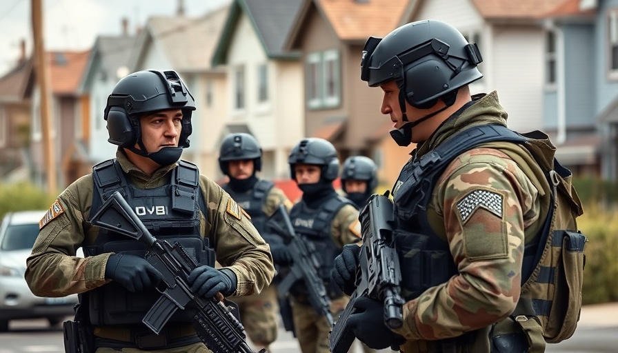 ICE raids California protests with armed personnel on urban street.