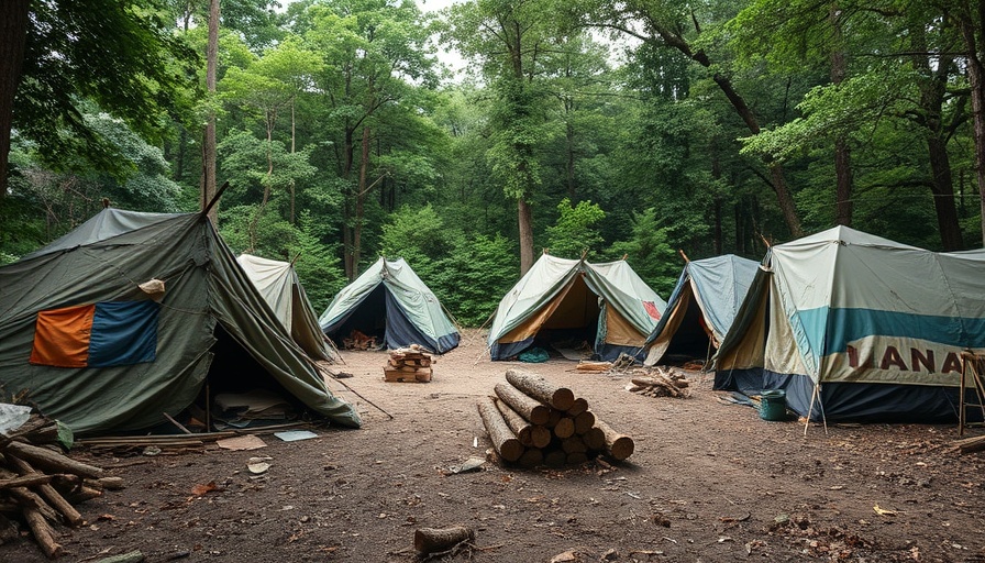 Makeshift tents in California homeless encampment amid dense foliage.