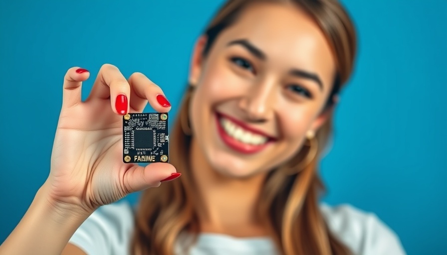 AMD new chips showcase, woman holding microchip at event.