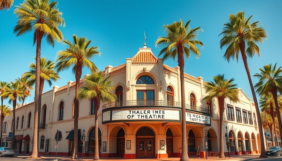 Pasadena Playhouse entrance highlighting 2025/2026 season with palm trees.
