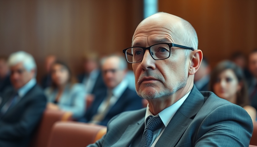 Concerned older man in courtroom setting with glasses and black shirt