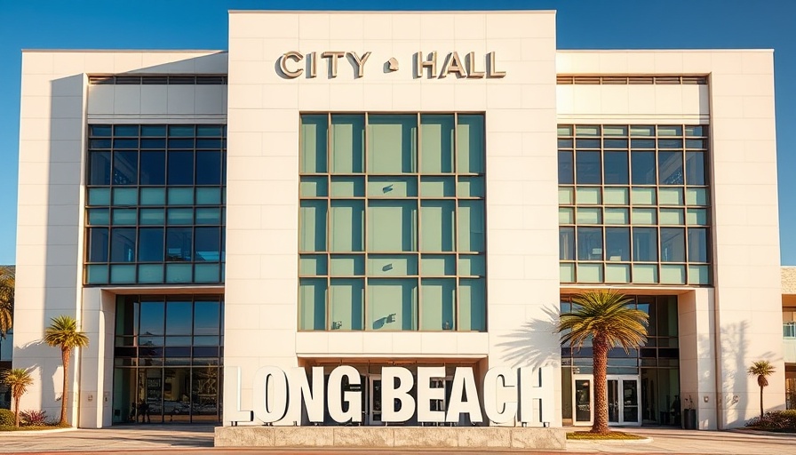 Long Beach City Hall with bold sign, sunny day reflection.