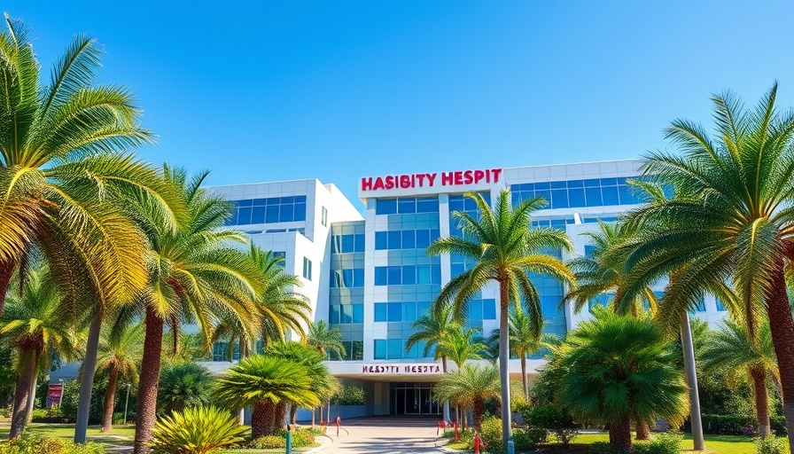 Modern hospital building in Long Beach, bright day, palm trees.