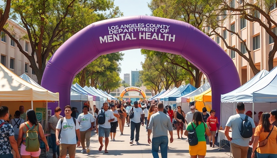 Community event for Mental Health Awareness Month in LA County under a purple arch.