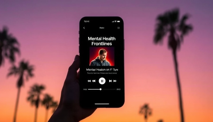 Podcast player on smartphone screen about mental health solutions for homelessness.