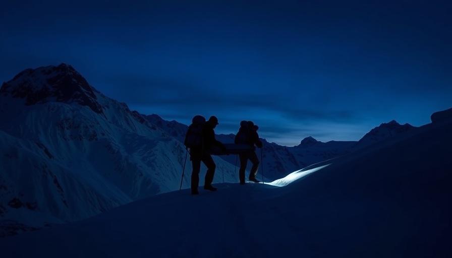 Silhouetted climbers performing a snowy mountain rescue at dusk.