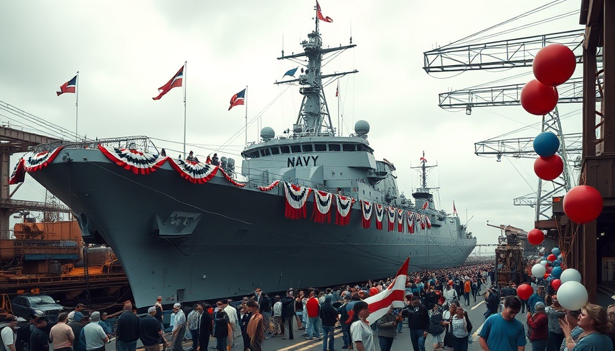 Navy ship adorned with bunting and balloons at dock