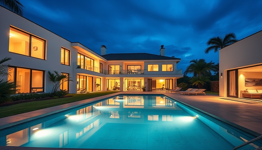 Modern San Diego real estate home at twilight with poolside view.