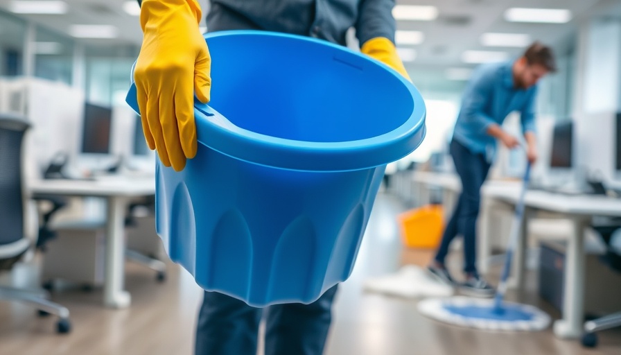 Professional clean-up team with mop and bucket in office setting.