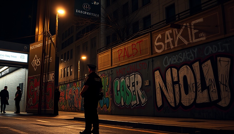 Los Angeles protests downtown, police line near graffiti wall at night.