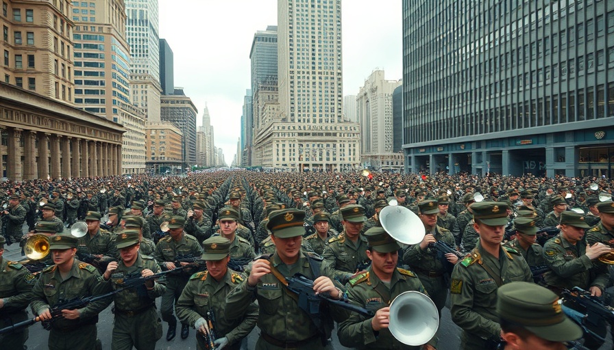 Aerial view of military parade marching down broad city street.