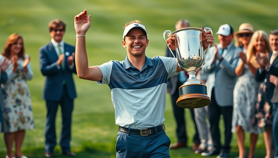 J.J. Spaun holds U.S. Open trophy as group applauds.