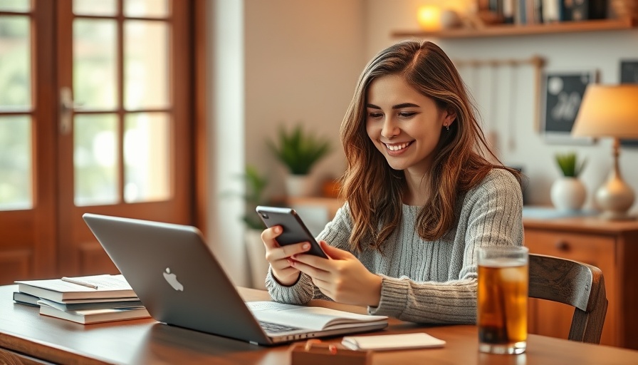 Happy woman at desk using phone for Spanish language learning