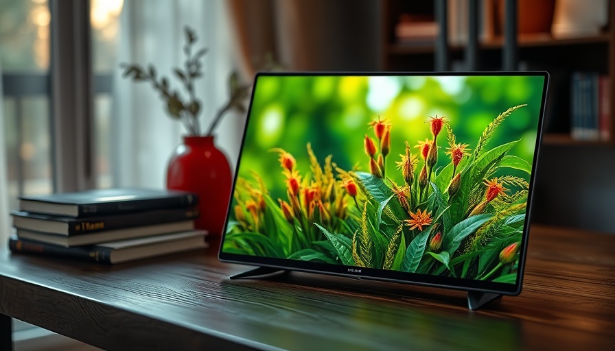 Smart home device on table with nature scene.