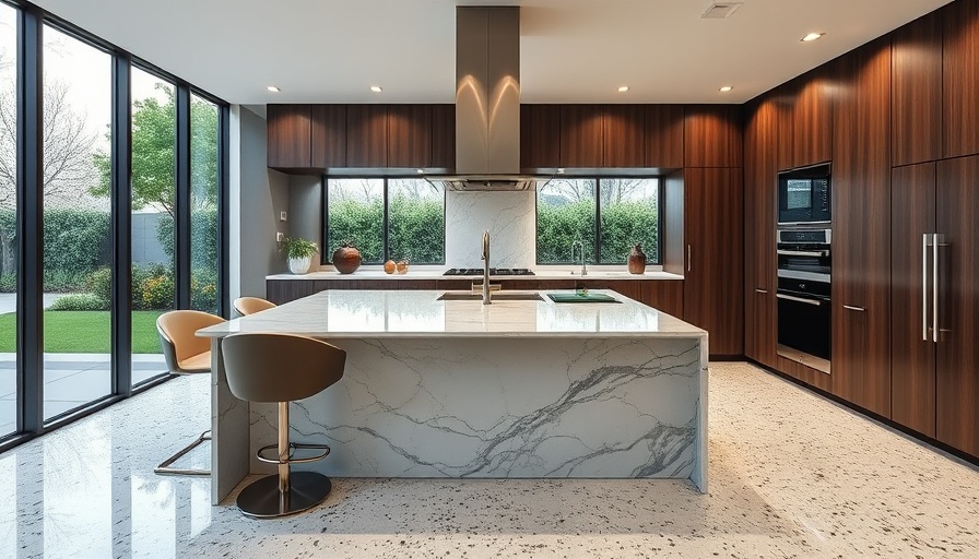 Modern kitchen with Santamargherita marble island and garden view.