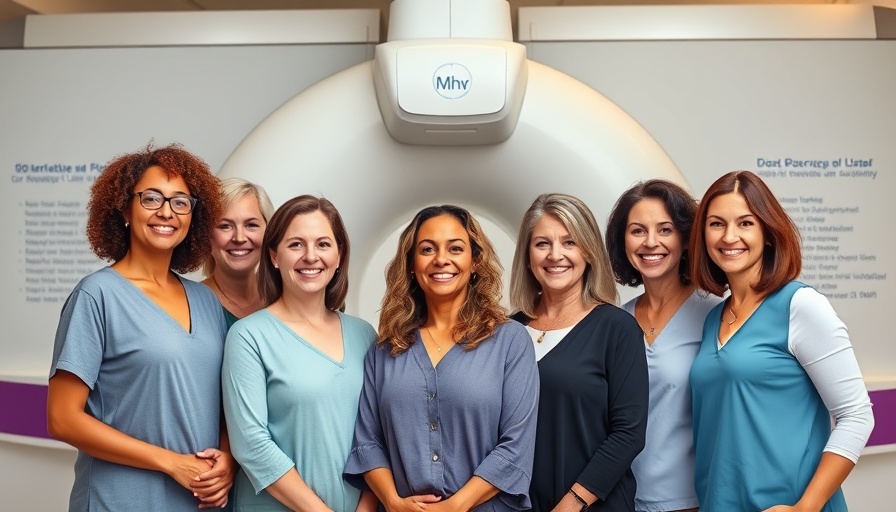 Group of women by mobile mammogram unit for cancer screenings.