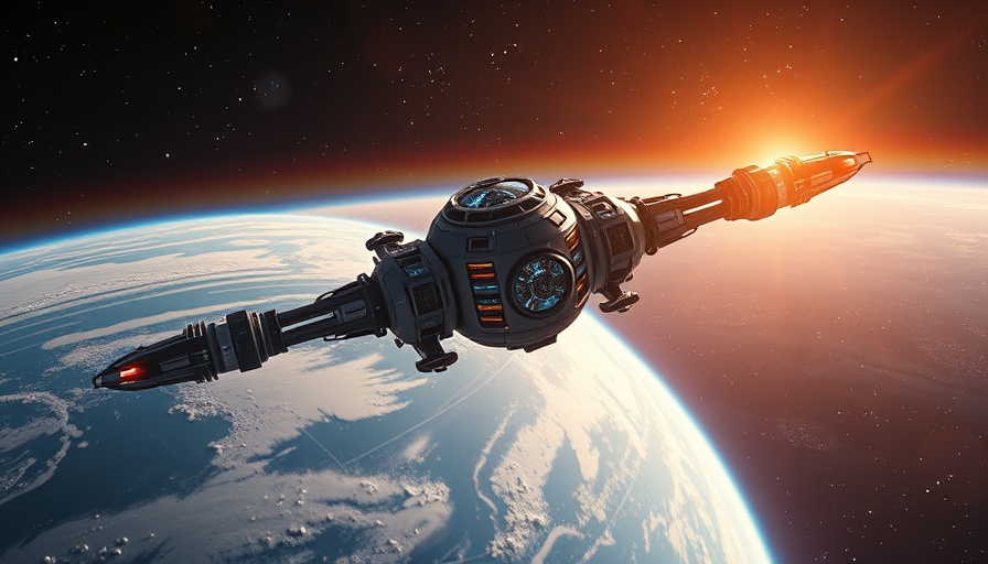 Futuristic station using biocomposites in low-earth orbit with Earth view.