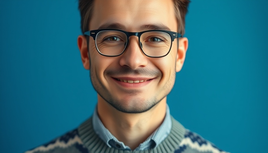 Portrait of a smiling man in glasses with a patterned sweater, related to biomimetic research in Akron.