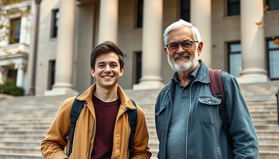 Two men outside Buchtel Hall at University of Akron