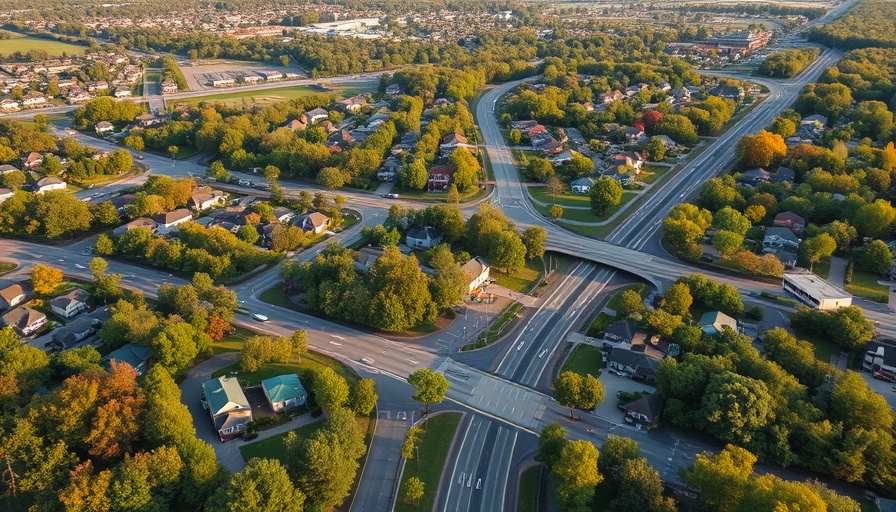 Aerial view of Akron neighborhood roads and highways.