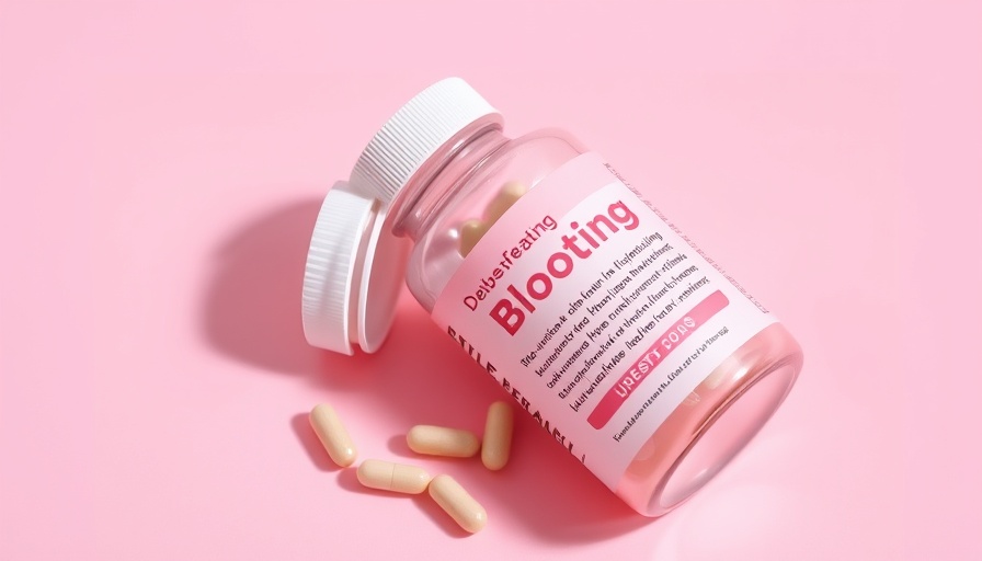 Supplements for bloating relief with usage steps on pink background