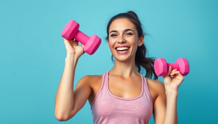 Woman building fitness habits with pink dumbbells, smiling exercise.