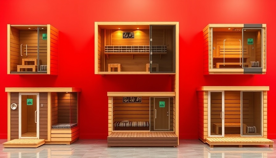 Modern outdoor saunas against a vibrant red background.