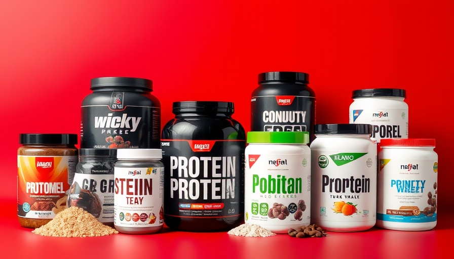 Assorted best protein powders for weight loss on red background.