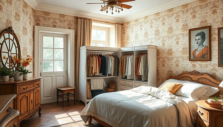 Elegant bedroom featuring a covered clothes rack with organized garments.